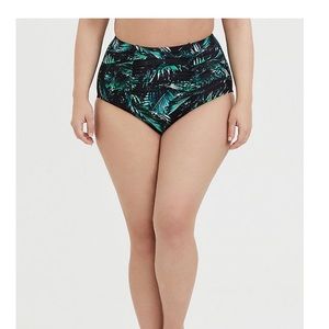 BLACK & GREEN PALM HIGH WAIST RUCHED SWIM BOTTOM 3